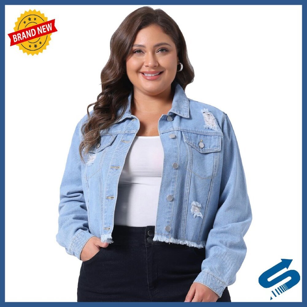Plus Size Denim Jacket Ripped Frayed Crop Button Front Long Sleeve